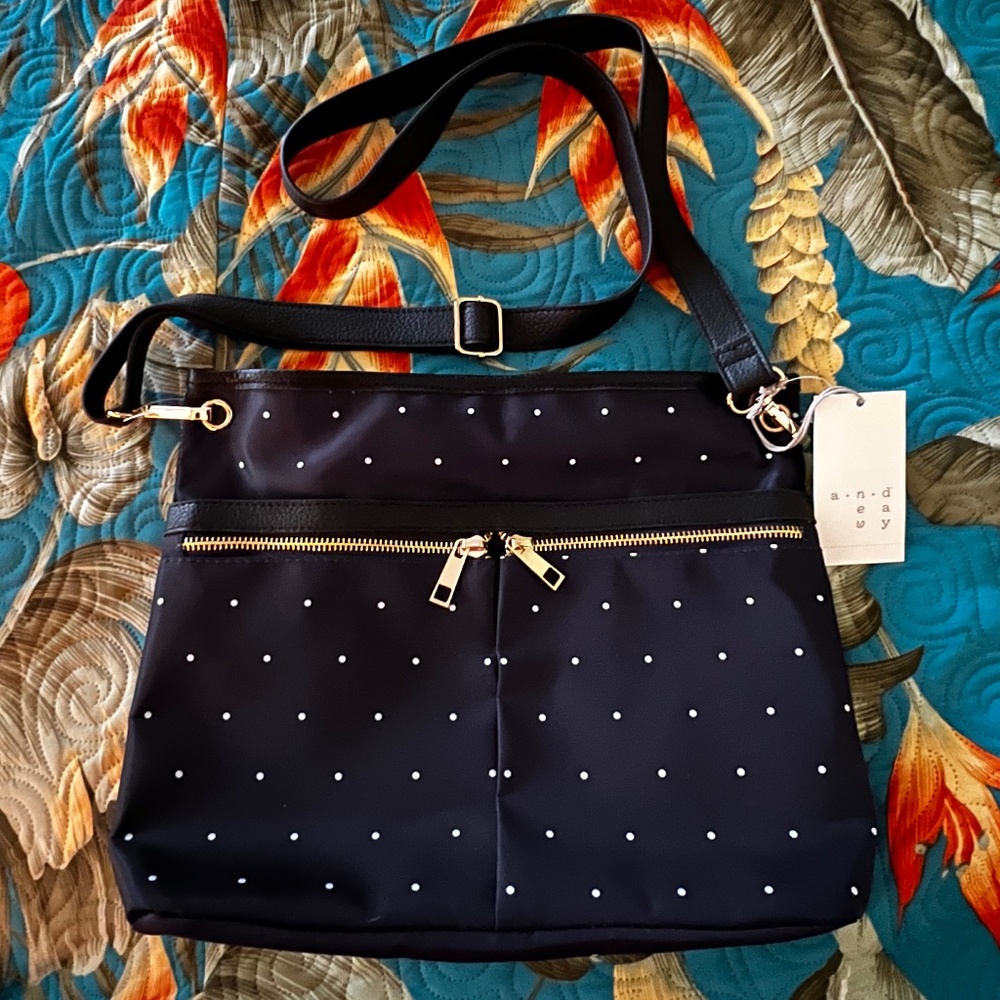 NWT A New Day Crossbody Nylon Handbag Navy & White Polka Dots